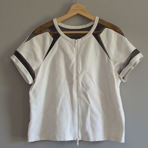 Lafayette 148 New York White Zip-Up Top with Black Mesh